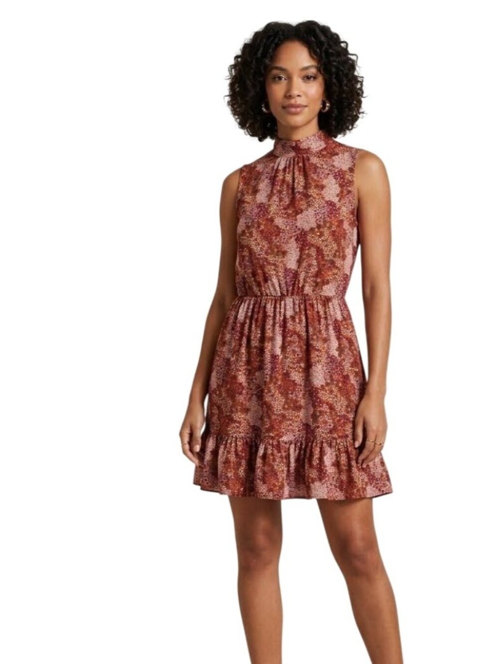 Lily Rose Mini Dress Small Floral Sleeveless Mock Neck Ruffle Hem Rust Bohemian